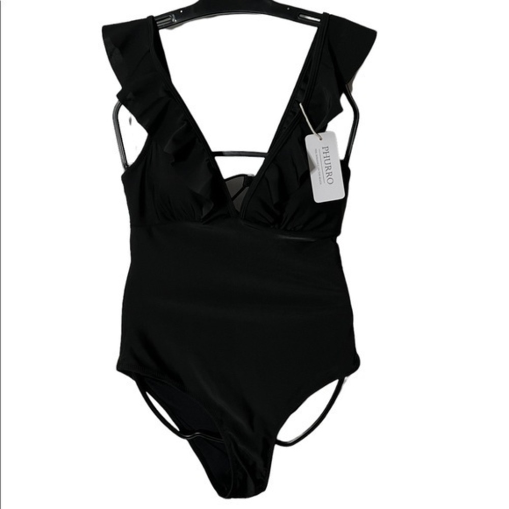 Phurro Black Ruffle One Piece Swim Suit Size Medium